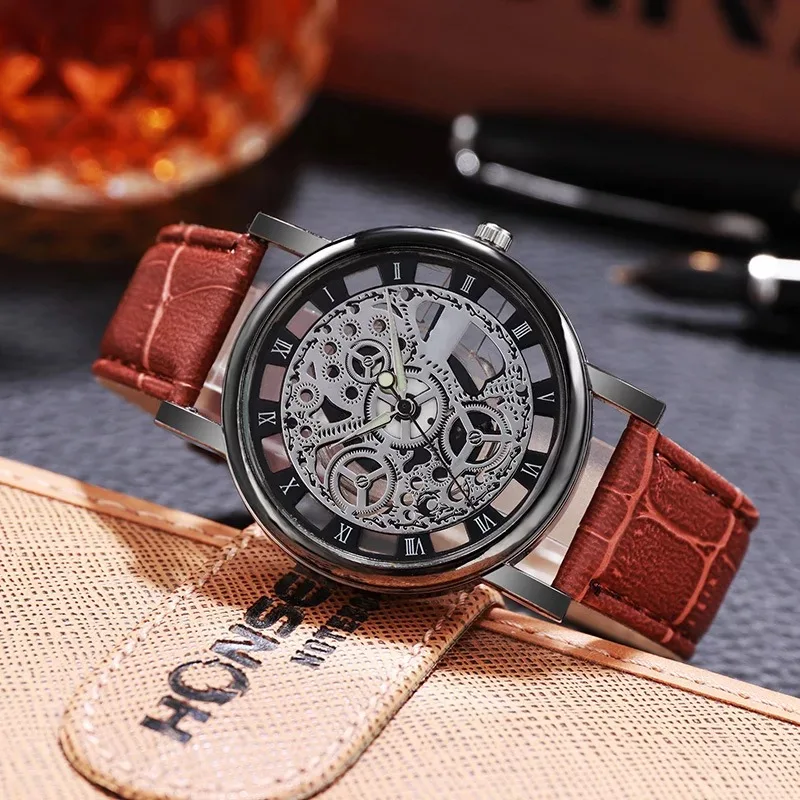 For Foloy Men Watch PU Leather Band Hollowing out Analog Alloy Quartz Wrist Watches Men Watch Clock smile