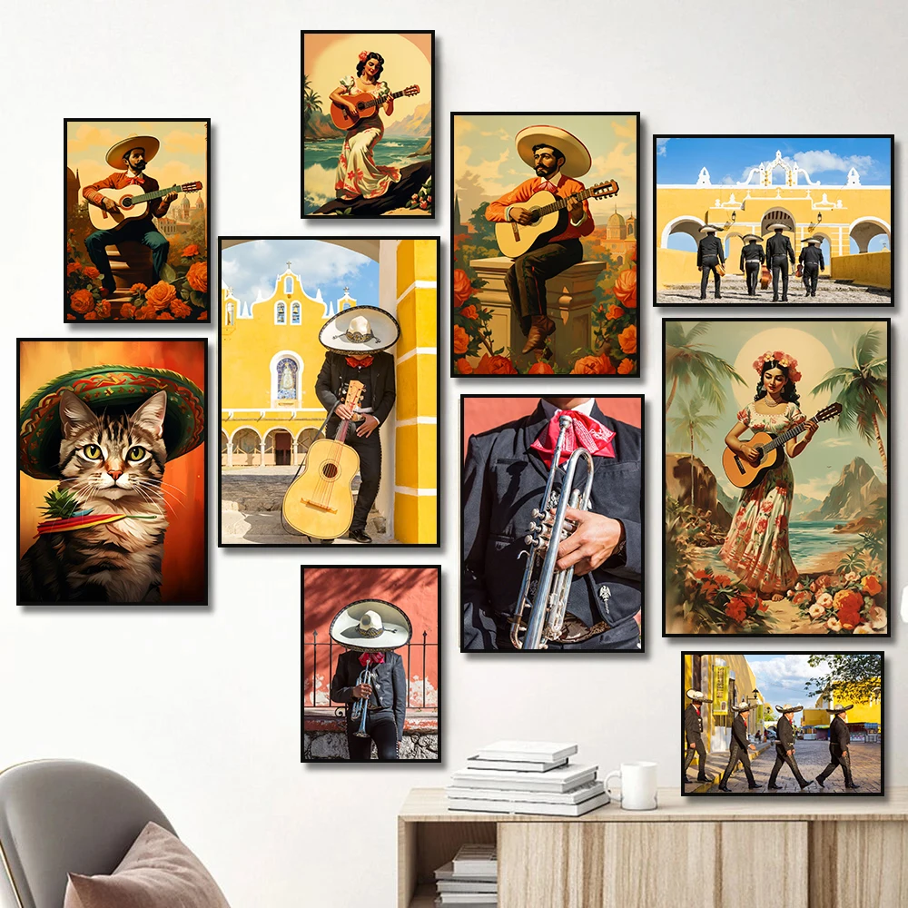 Woman Flower Mexican with Man Play Guitar Playing Saxophone Poster Cute Cat Canvas Painting for Living Room Home Decor Cuadros smile