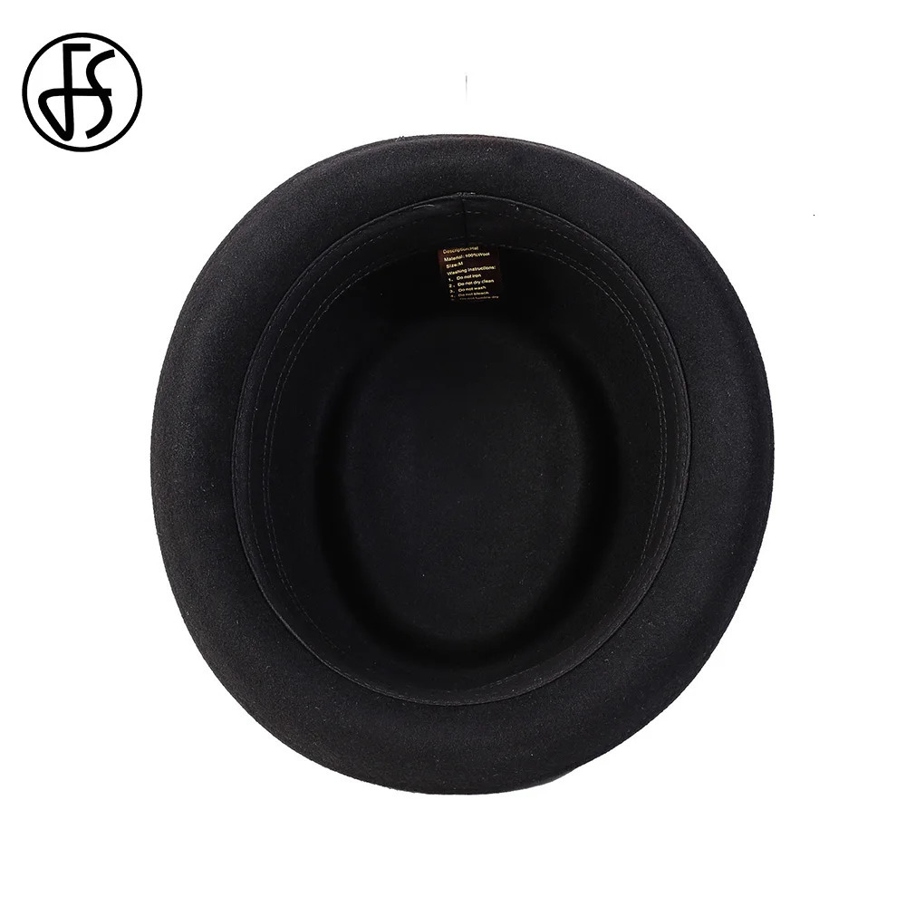FS 2024 Black Pork Chop Hat Wool Felt Bow Mens Fedora Jazz Hat Church Panama Gangster Hat Mens Fashion Pigskin Hat 241108