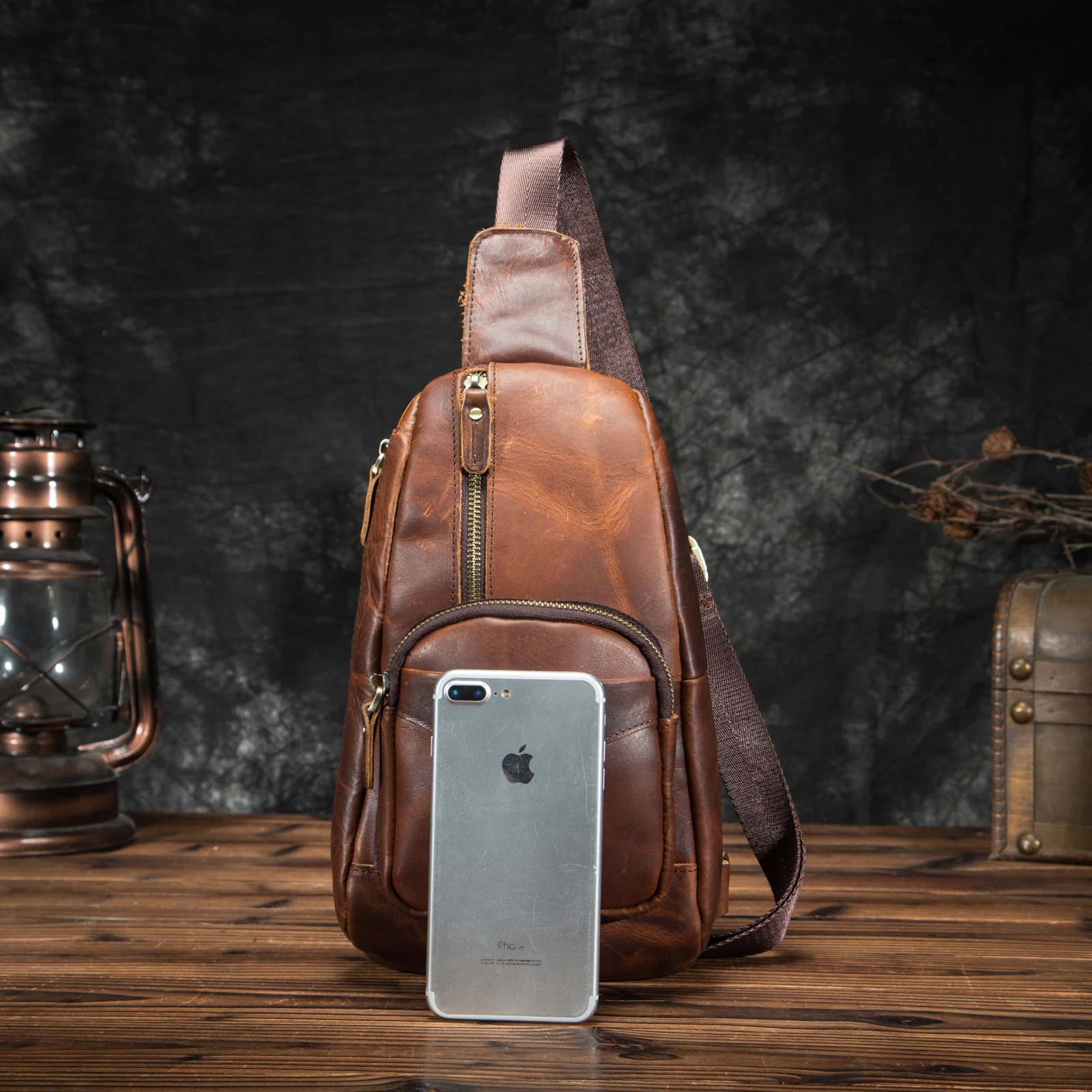 Thick Natural Leather Coffee Travel Triangle Chest Sling Bag For Men Design 8" Tablet One Shoulder Strap Bag Daypack Male 8012