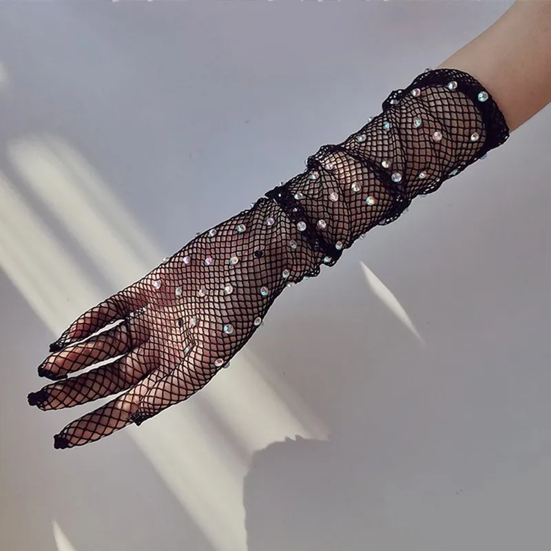 Rhinestone Long Fishnet Sexy Hand Gloves Women Stretchy Shiny Dia Black Lace Gloves Club Full Finger Ultra-Thin Mesh Mittens smile