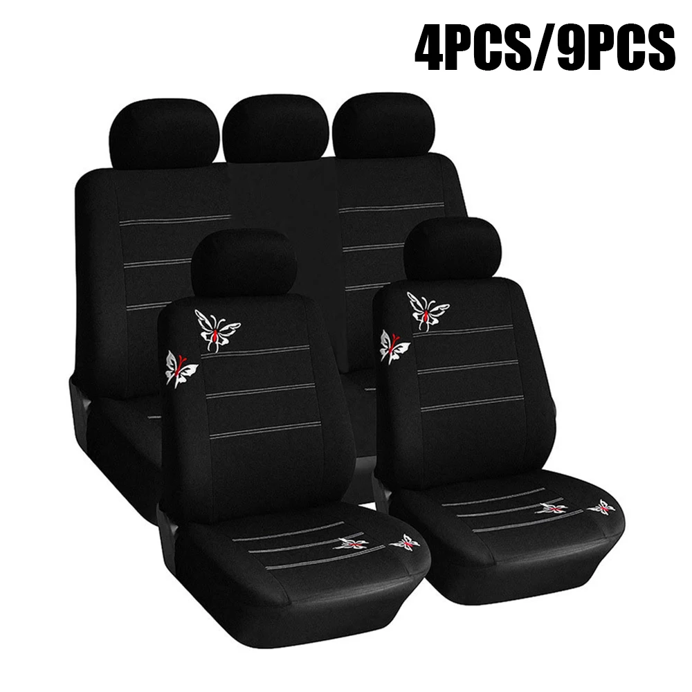 Set Butterfly Embroidery 4/9Pcs Car Covers Mat Protect Front Rear Car Seat Covers Set Car Seat Protector Cushion smile