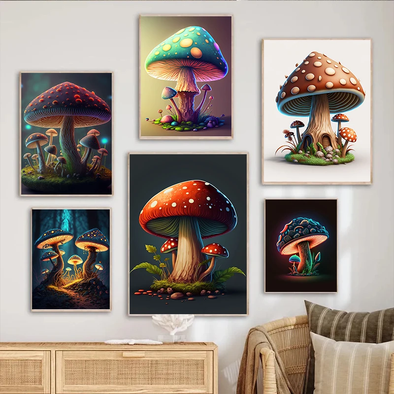 Poster Fantasy Mushrooms Psychedelic Shiny Mushroom Canvas Printing Painting Wall Art Picture Home Living ddmysmile Room Decor Cuadros Smile