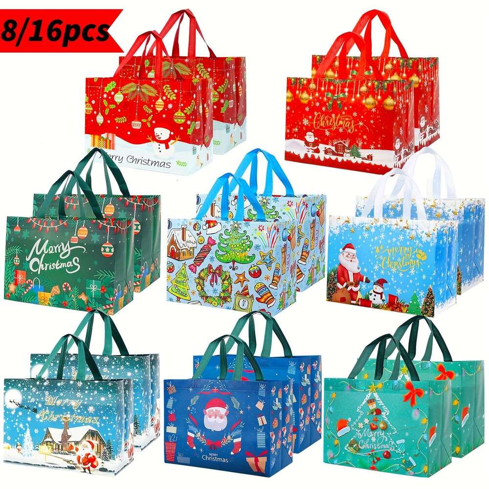 Christmas 8/16pcs Large Gift Tote Bags with Handles Reusable Non-woven Shopping Bags, Suitable for New Year Happy.