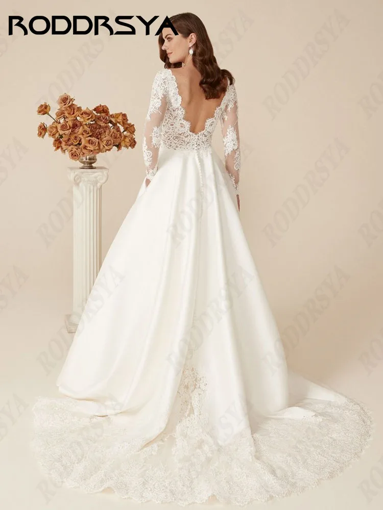 Lace RODDRSYA Sleeve Long A-line Wedding Dresses Simple Satin Sweep Train Insertable Pocket vestidos de novia Elegant V-Neck smile