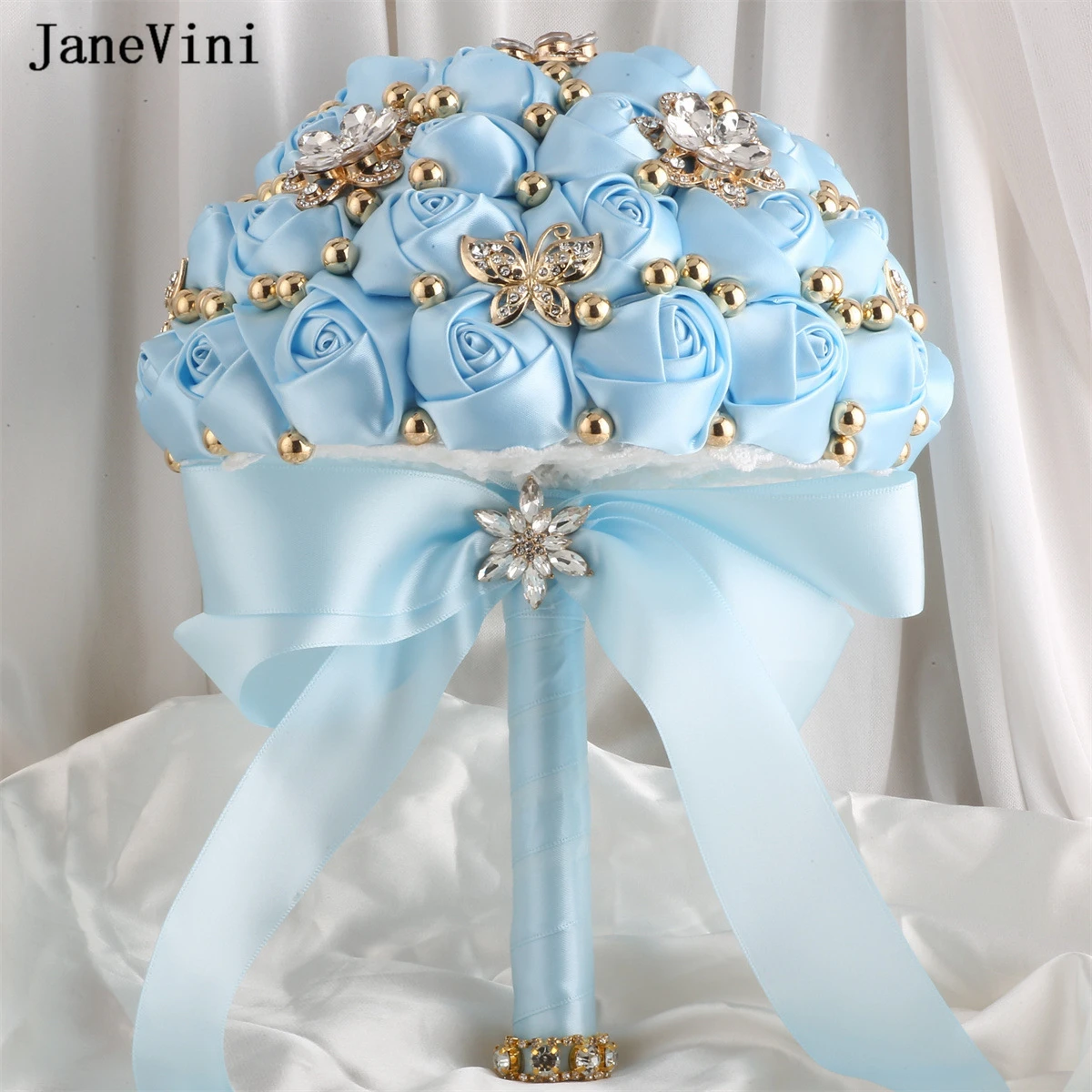 2023 Elegant Light Janevini Blue Flowers Bridal Bouquets God Crystal Beaded Artificial Satin Roses ddmysmile Brides Wedding Bouquet Smile