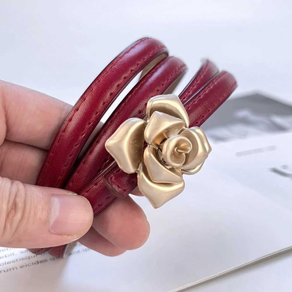 1.0cm New Unique Rose Genuine Leather Gold Belt Fashion Cowboy Flower Thin Belt Womens Jeans Dress Belt X2411091