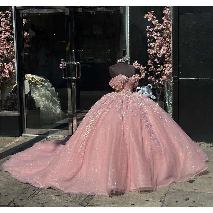 Pink Blush Beaded Quinceanera Dresses Puffy Ball Gown Off Shoulder Birthday Lace Up Sweet Dress Vestido De