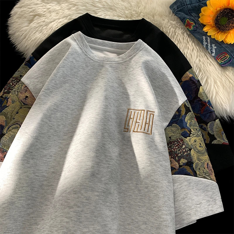 Trendy Bear Embroidery Tshirt Summer Big Size Men Fashion Splicing Tshirts Casual Seven Sleeve Man Women Tee Tops 240409