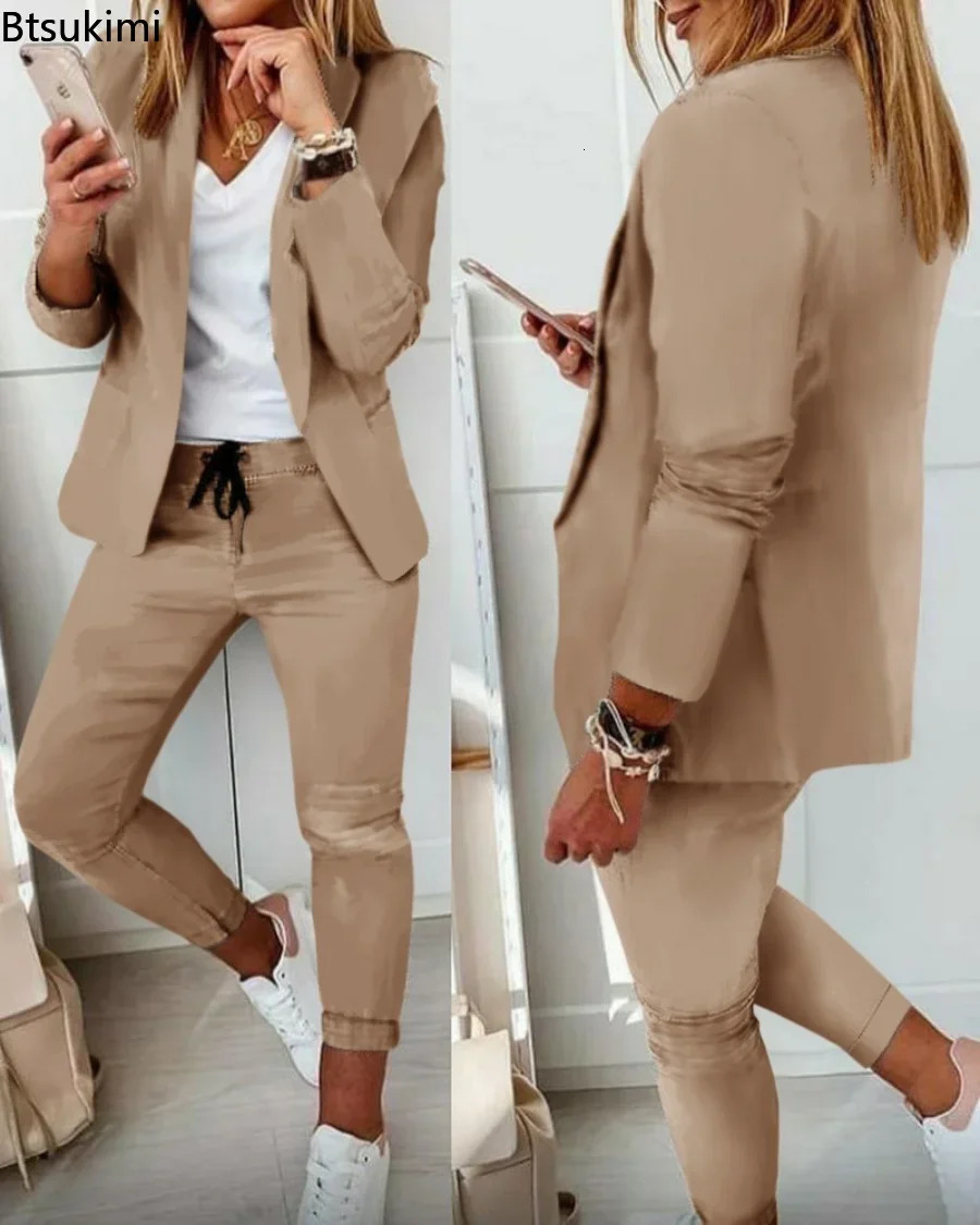 Womens Two Piece Pant Suit Set Outfits Spring Autumn Turn Down Print Blazer Coat Drawstring Pants Women Casual Sets 240329