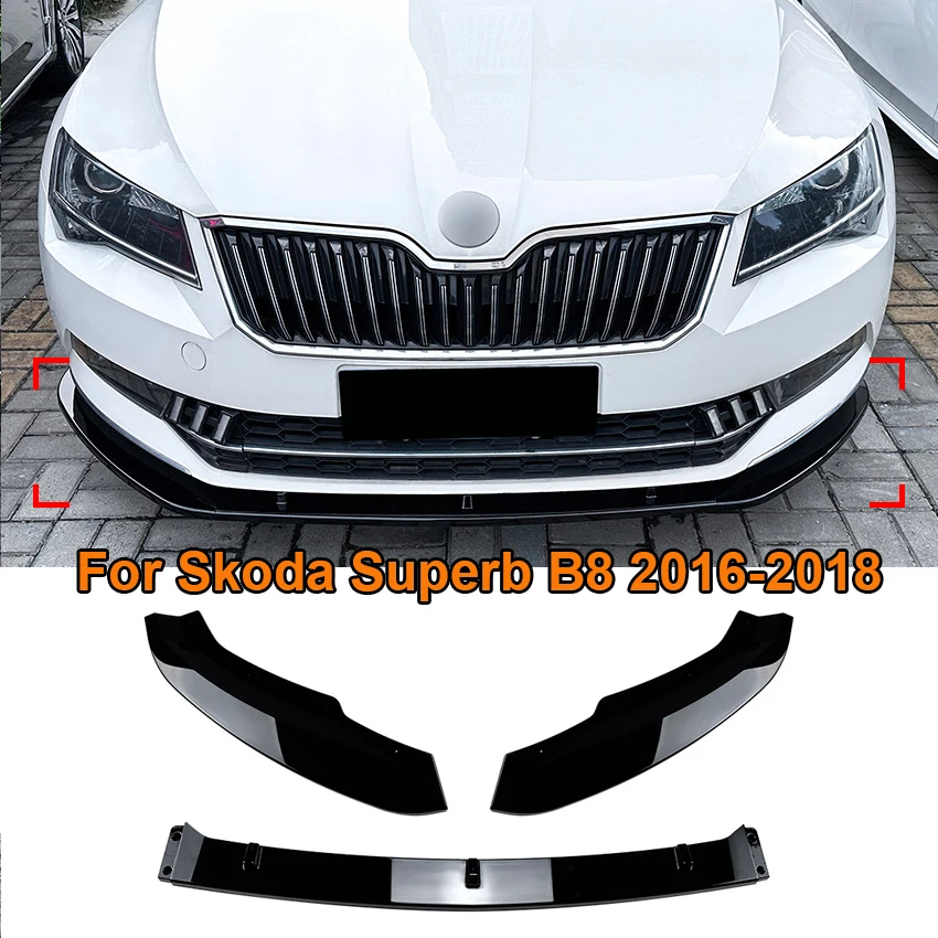 3pcs Car Front Bumper Lip Splitter Diffuser For Skoda Superb B8 2016-2018 Spoiler Body Kit Tuning Accessories Gloss Black ABS