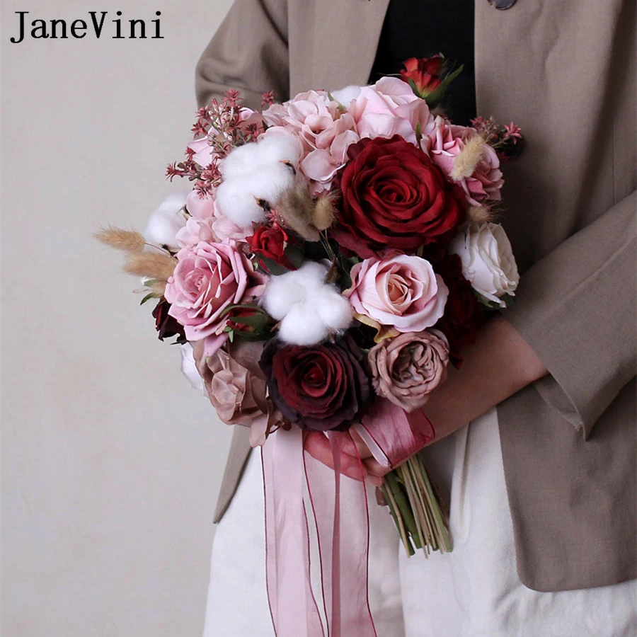 Wine Janevini Red Vintage Wedding Bouquet Artificielle Mariage Artificial Bury ddmysmile Pink Rose Bride Flowers Bridal Bouquet 2023 Smile