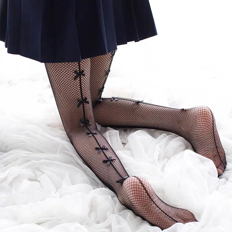 1pair Women Pants Black Sexy Bowknot Fishing Net Socks Long 2025 Leg Stocking Girls Tights Nightclub Pantyhose Charm Knee new Length Sox