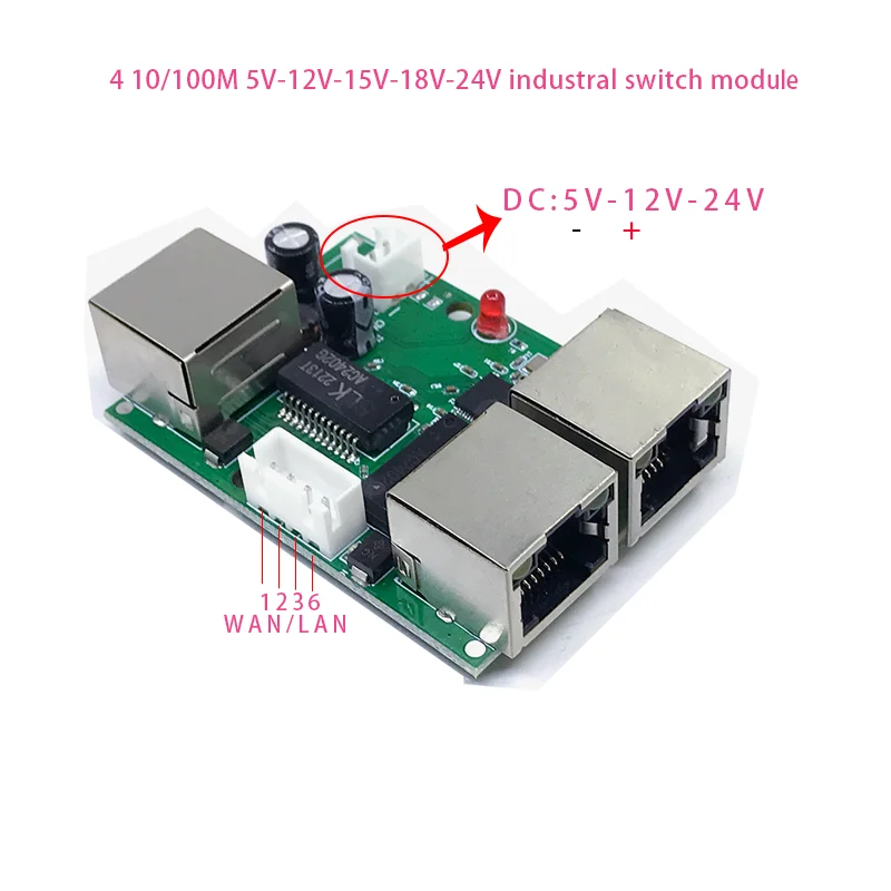 Mini PCBA 4Ports Networkmini ethernet switch module 10/100Mbps 5V 12V 15V 18V 24V