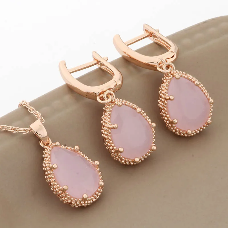 Gold 585 Color Rose Bridal ddmysmile Wedding Jewelry Sets Natural Zirconia Jewelry Set High Quality Dangle Earring Necklace Sets Smile
