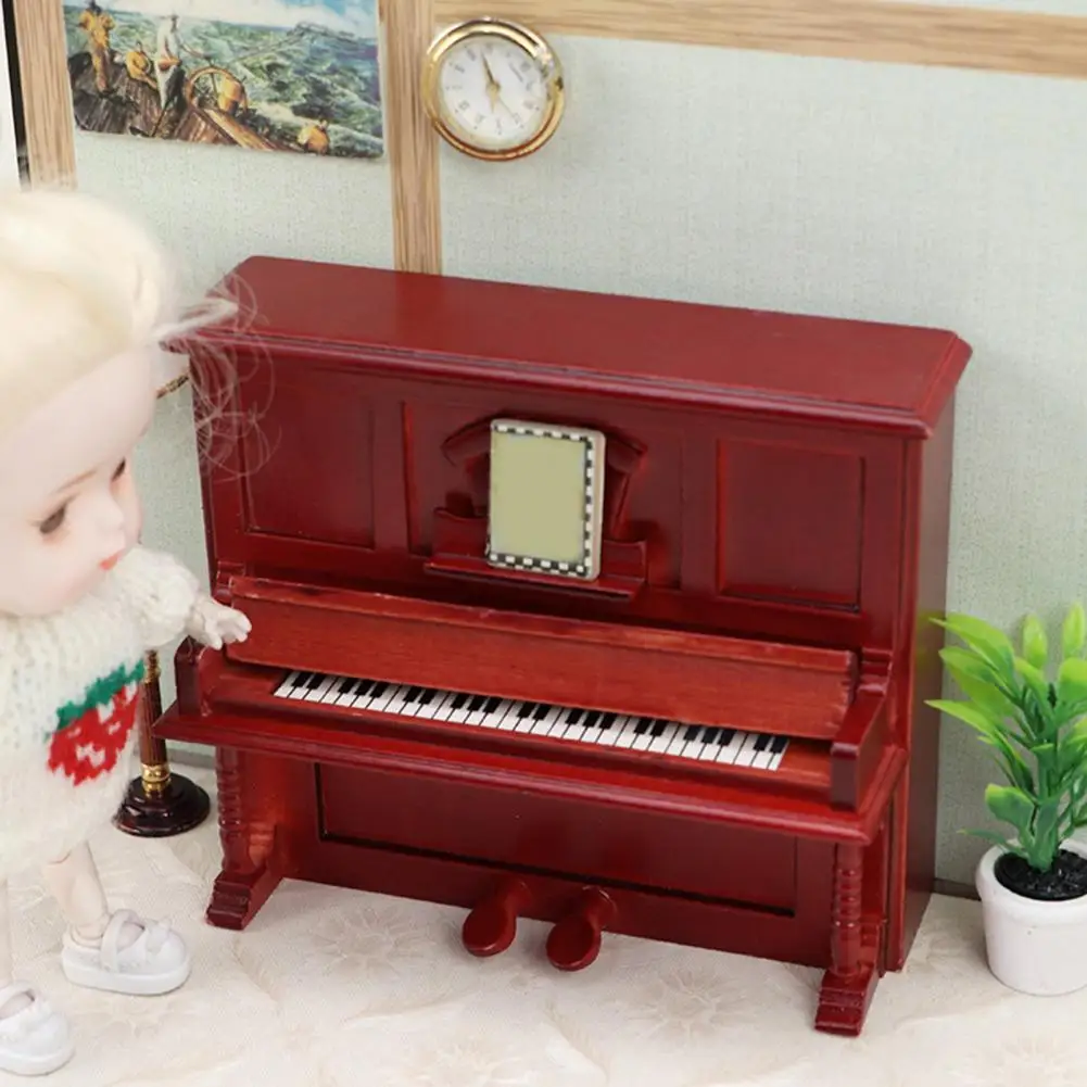 1/12 Vintage Miniature Retro Piano Set Dollhouse Mini Piano with Stool Musical Instrument Model for Doll House Accessories Decor