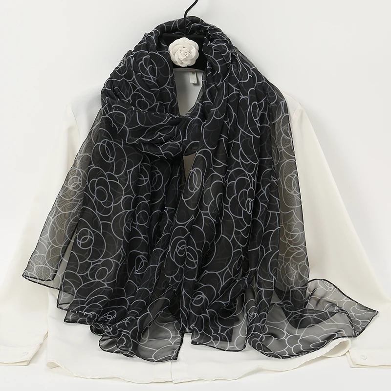 Scarf Silk Lightweight Through Women Foulard Thin Stoles Beach Travel Tippet Floral Long Veil Scarves Soft Premium Pareos smile