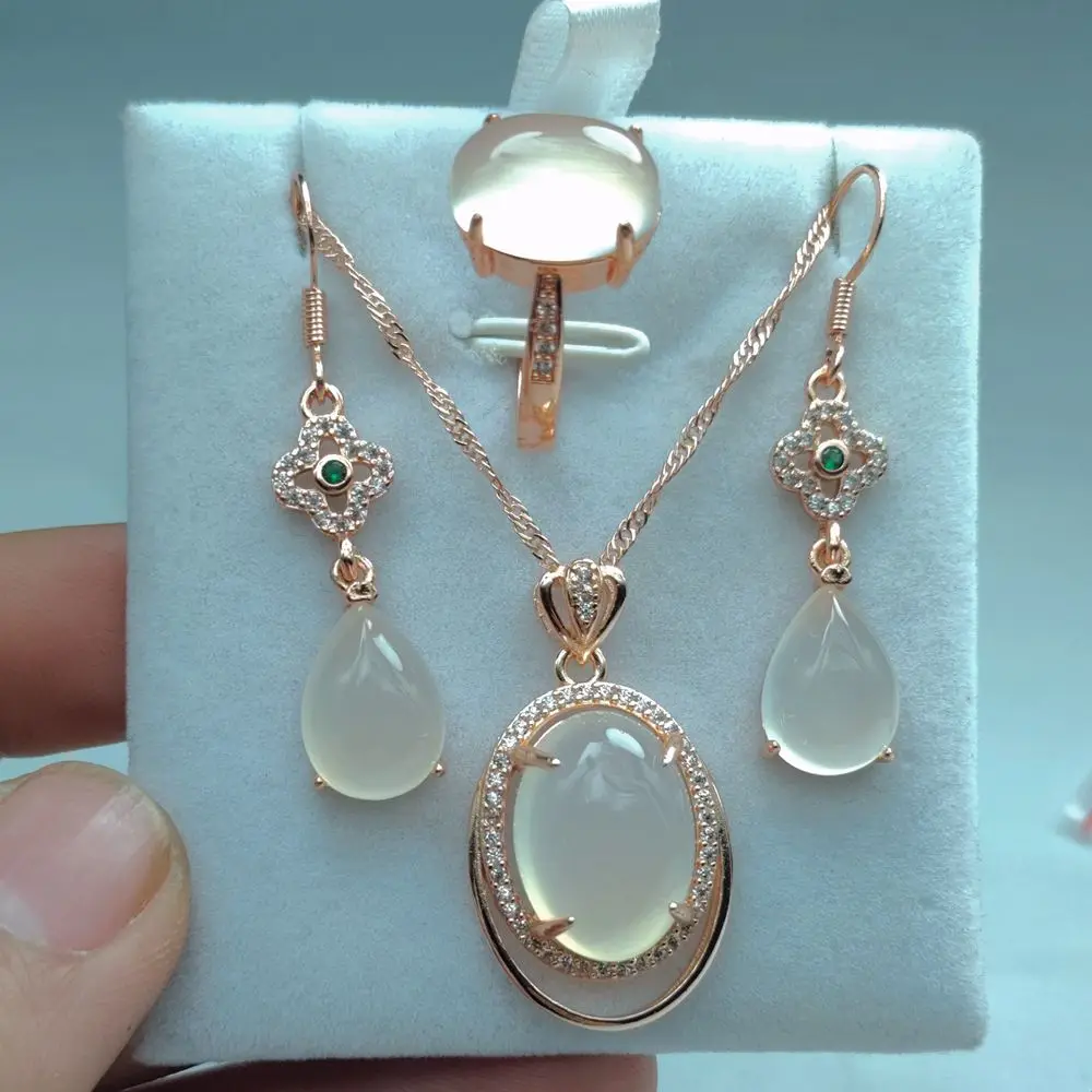 S Natural White Suits ddmysmile Chalcedony Sier Plated Stone Set Lady Agate Ring Water Drop Earrings HANFU Jewelry Gemstone Pendant Smile