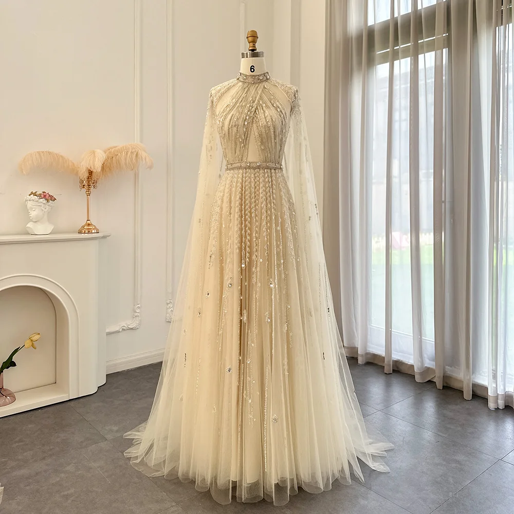 Sharon Said Luxury Dubai Champagne Evening Dresses with Cape Sleeves Elegant Arabic Formal Dress Women Party Gowns