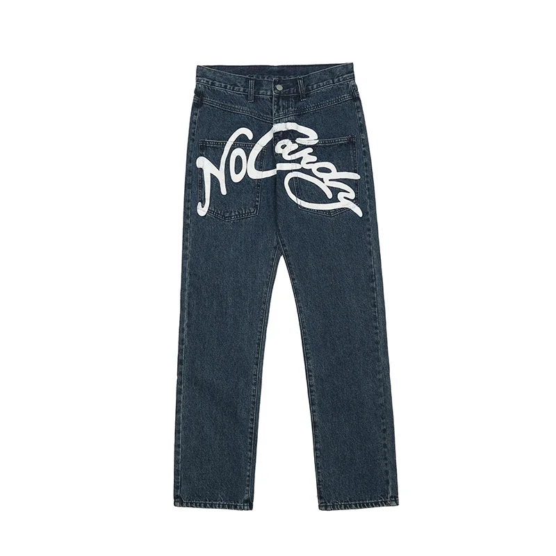 Jeans for Men Y2k Cargo Pants Black Denim Skinny Streetwear Wide Leg Clothes Ropa Rare Humans Jeans Print Pants Low Rise Baggy