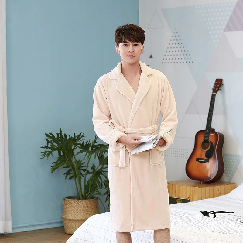 Flannel Kimono Robe Gown Lapel Men Sleepwear With Belt Winter Warm Lingerie Oversized Nightwear Long Sleeve Home Dressing Gown