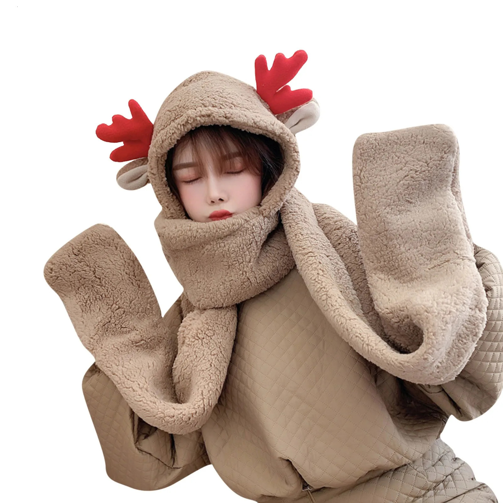 Christmas Antlers Scarf Echarpe Three One Warm Scarf With Gloves Womens Scarf Winterua241108