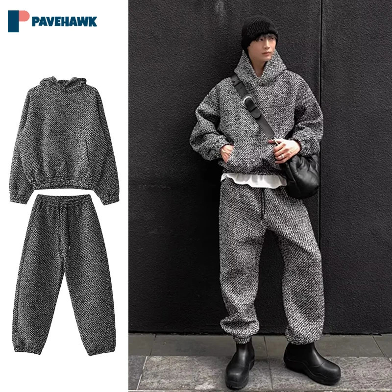 Mens Korea Harajuku Set High Street Xiaoxiangfeng Hooded Sweatshirtbaggy Straight Pants Male Retro Sets Spring Fashion Suit 240320