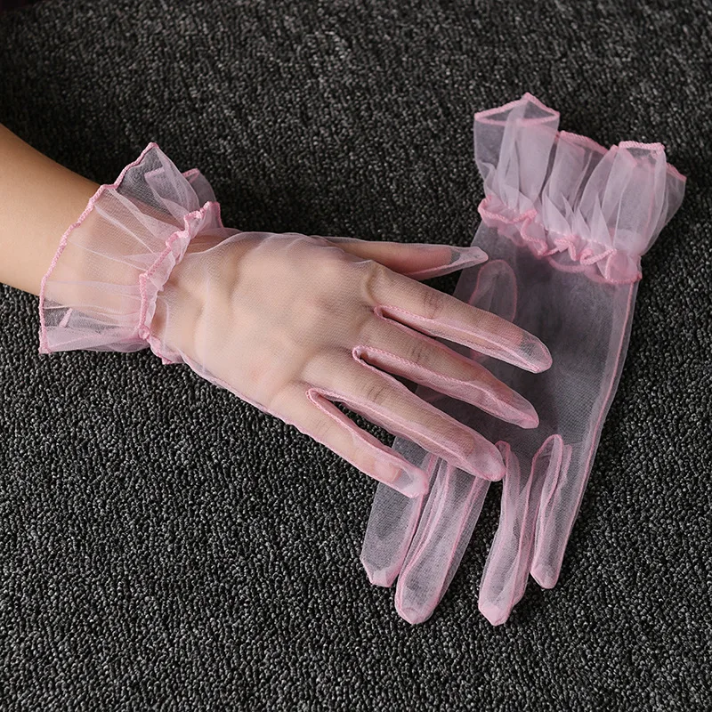 1 new Pairs Transparent Gauze Full Finger Gloves 2025 Ultra Thin Stretchy Short Tulle Gloves Wedding Elastic Lotus Leaf Sheer Mittens