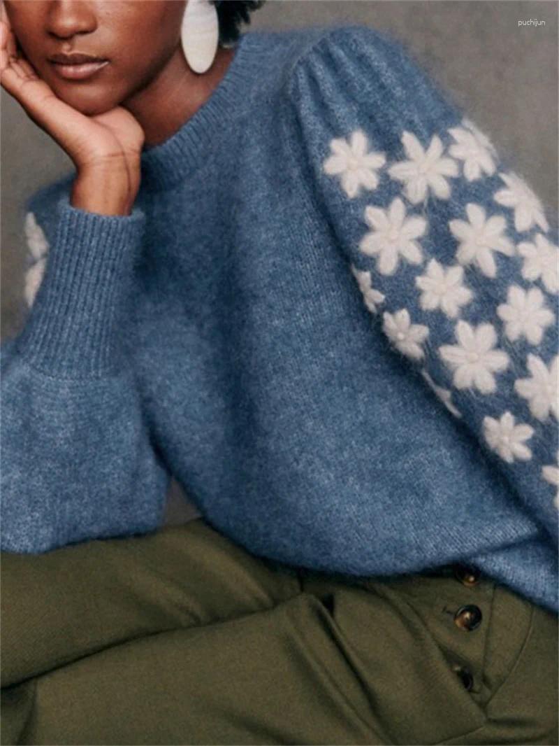 Women's Sweaters Ladies O-Neck Sleeve Knitted Pullover Contrast Flower Crochet Wool Blend Sweater 2024 Autumn Winter Versatile