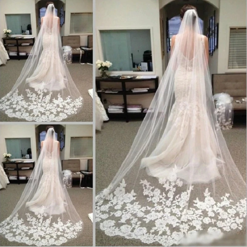 One-layer 3 Women Meters Wedding Veil Cathedral Lace Long Voile Mariage White Ivory Bride Wedding Accessories Veu De Noiva L smile