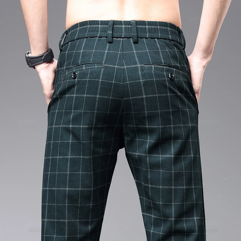 High-Quality Summer Spring Classics Plaid Work Stretch Pants Men Business Fashion Grey Green Party Retro Casual Trousers Male smile