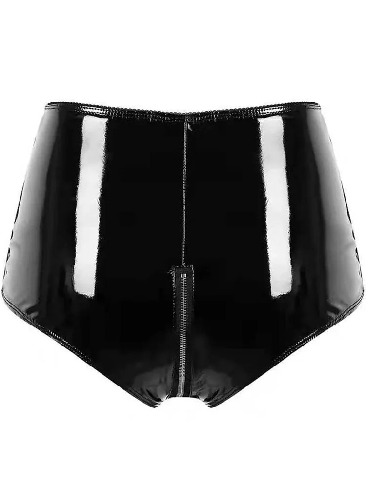 S4XL High Waist PVC Shorts Women Shiny PU Leather Zipper Open Crotch Short Jeans Tights Cut Trunks Micro Mini Bermudas 240409
