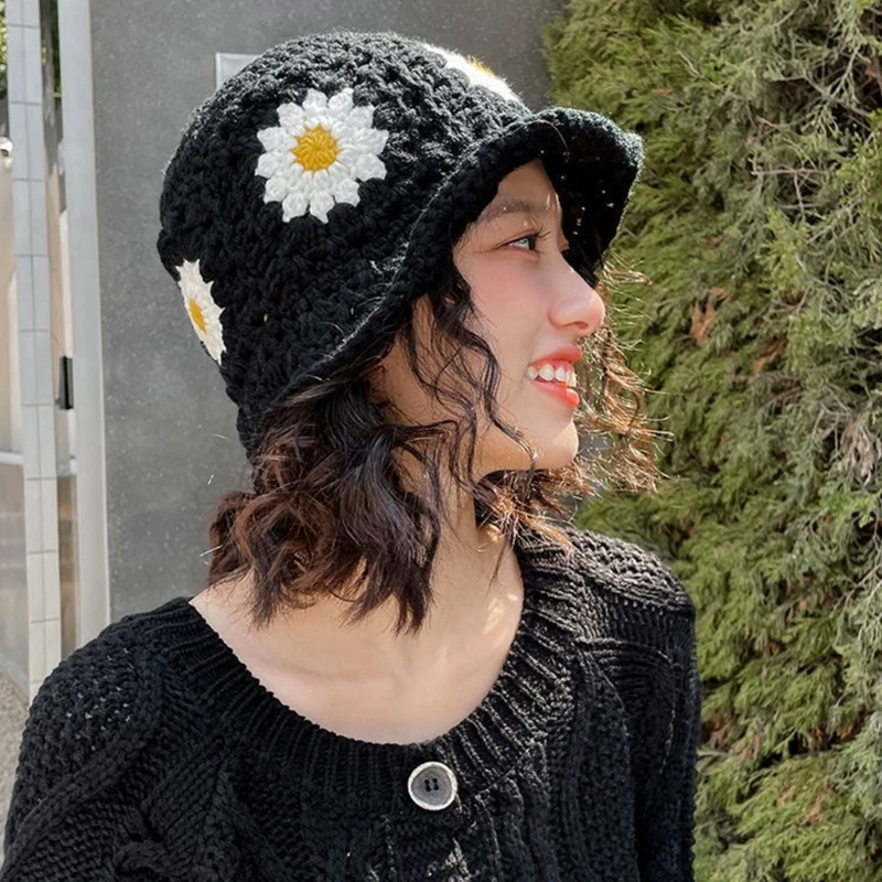 Hat Crochet Flower Bucket for Woman Breathable Multi-color Weaving Wide Brim Bucket Hat Adult Teens Summer Fisherman Cap smile