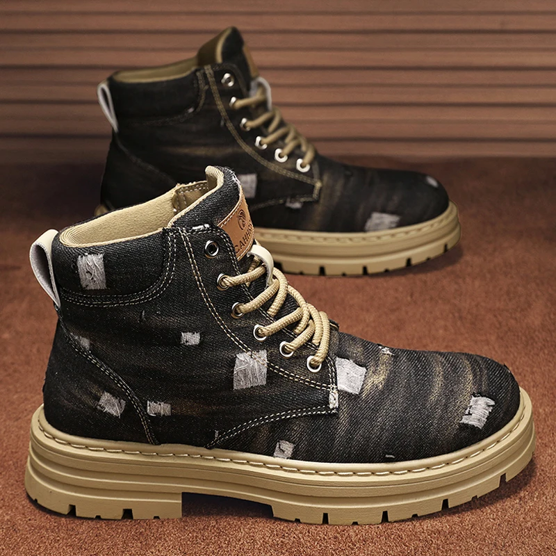 Boots Denim Top High Retro British Style Work Boots Men Motorcycle Boots Winter Leather Shoes Military Boots smile