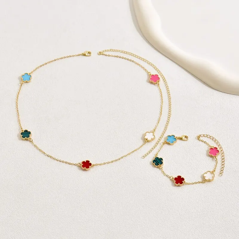 Colorful 2 Flower Pcs Necklace Bracelet Set New Design Copper Chain Gold Plating Jewelry Set Women's ddmysmile Temperament Gift Smile