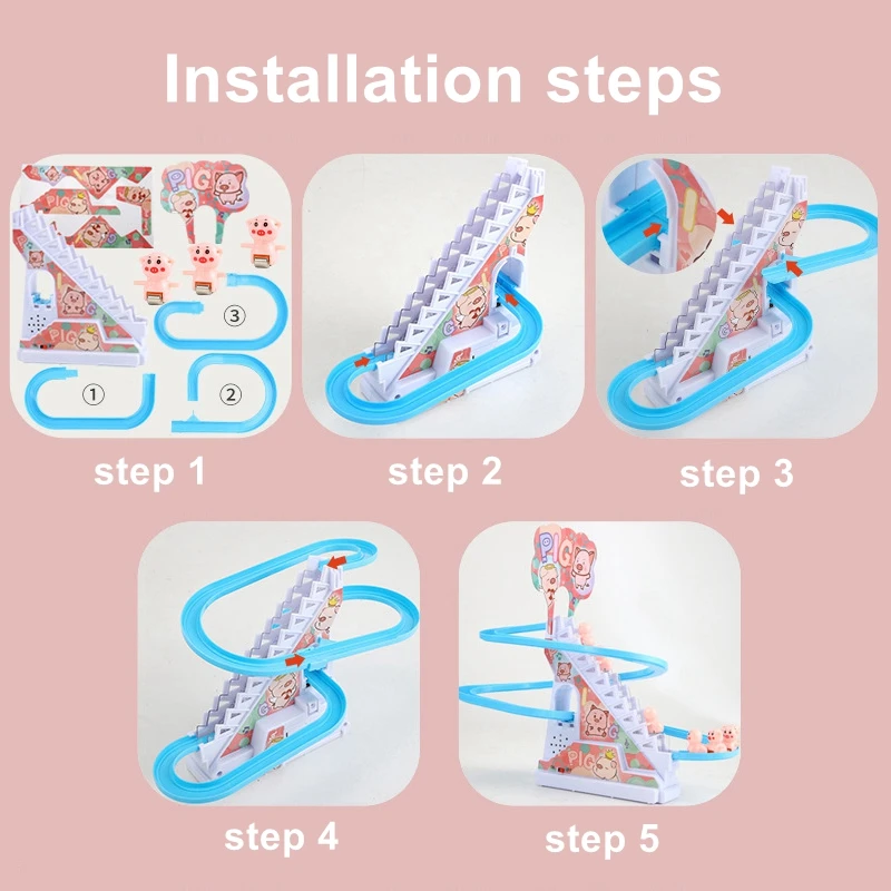 DIY 2025 Rail Racing Track Electric Duck Climbing Stairs Toy Pig Penguins Music Electric Roller new Coaster Toy For Kid Children Gift