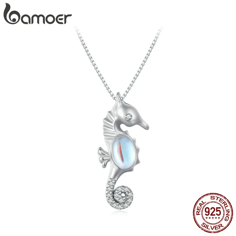 Sier Sterling Bamoer Platinum Plated Monestone Seahorse Pendant Necklace Pave Setting CZ ddmysmile For Women Valentine's Day Gift Smile