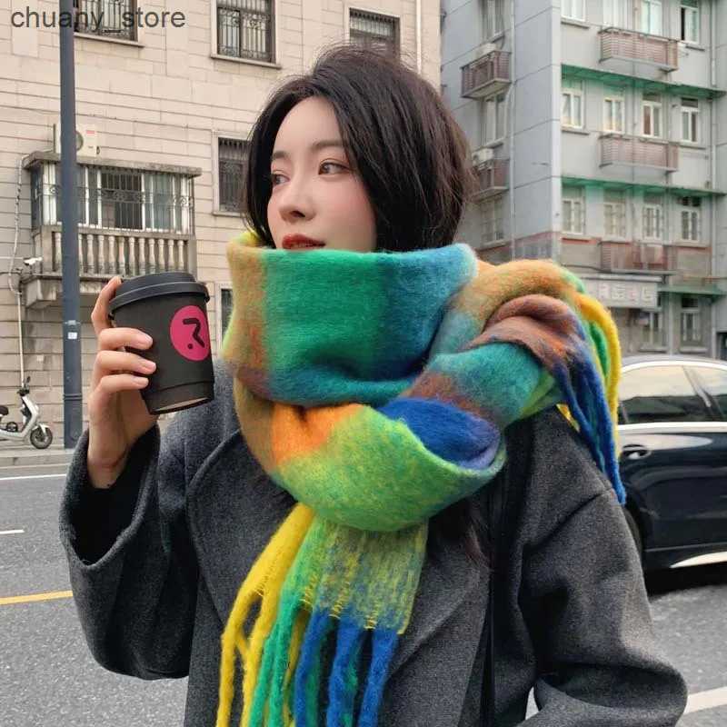 Scarves Rainbow Plaid Scarf For Women Autumn-Winter Premium Color Matching Fringe Mohair Thickened Shawl 24W027 L240910