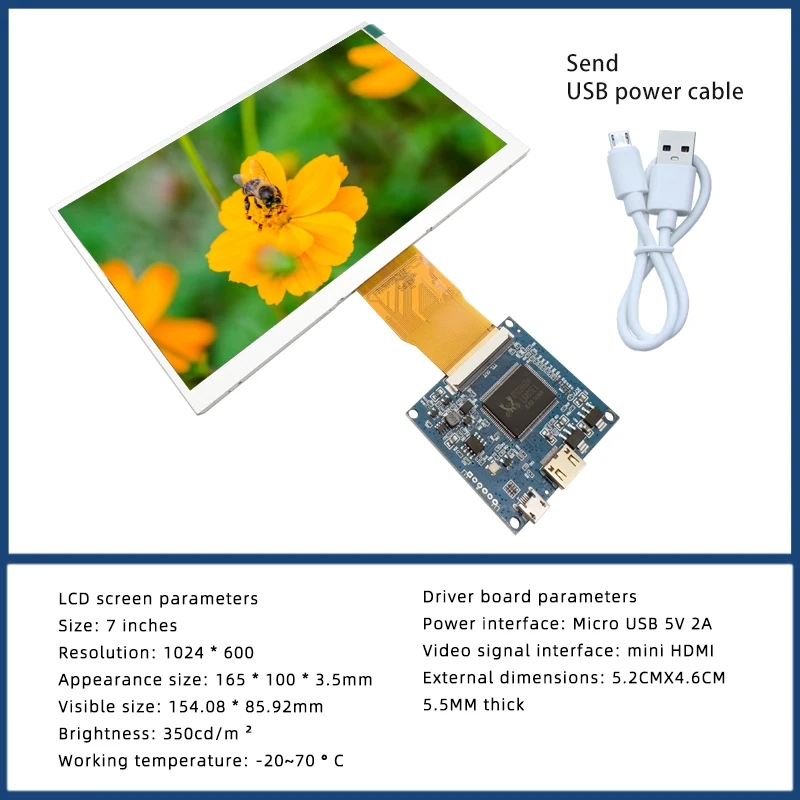 7-inch 1024 * 600 IPS full view mini HDMI interface computer secondary screen Raspberry Pi industrial control LCD screen
