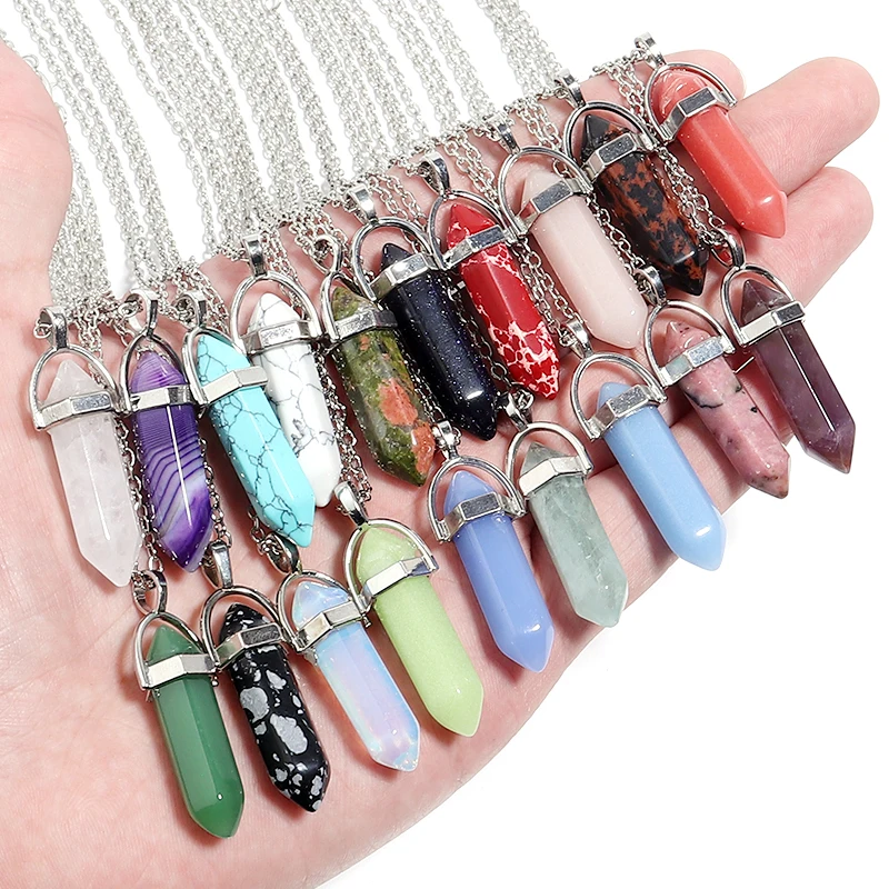 Hexagonal Natural ddmysmile Necklace Stone Bullet Necklaces Healing Crystal Quartz Lapis Bullet Pendulum Chakra Jewelry Chain Necklace Smile
