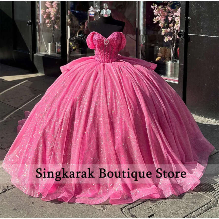 Emerald Princess Green Off Shoulder Ball Gown Quinceanera Dresses Glitter Beads Rhies Birthday Party Sweet Dress