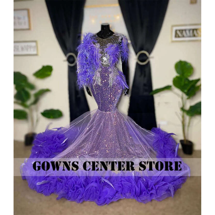 Purple Feathers Long Sleeve Sequin Evening For Black Girls 2024 Sliver Tassels Mermaid Formal Ocn Dresses