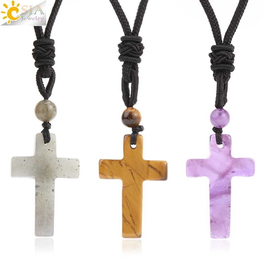 Stone CSJA Cross Natural Pendant Necklace for Man Healing Tiger Eye Amethysts Crystal Necklaces for Women Jewelry Gift H254 smile
