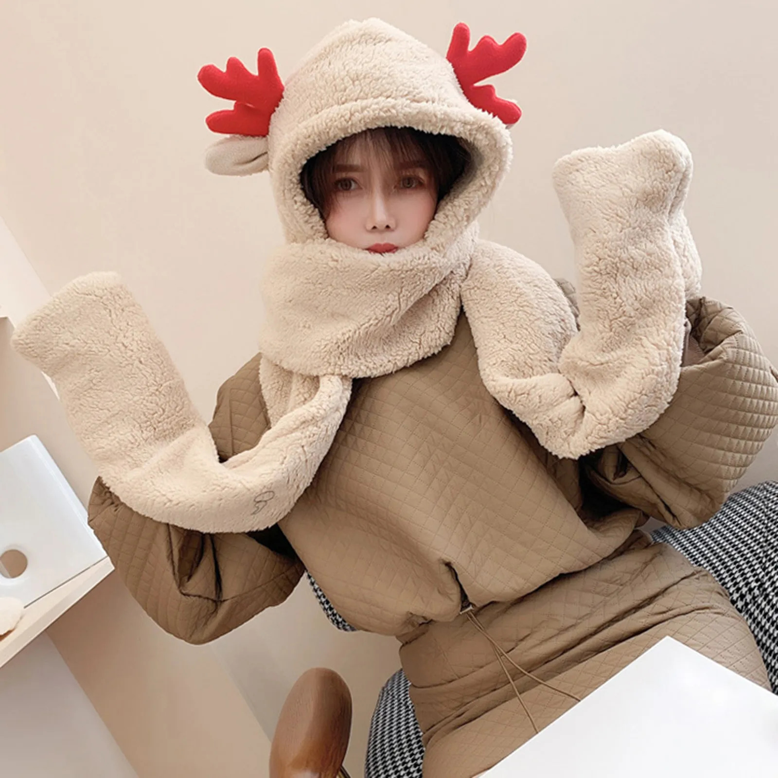 Christmas Antlers Scarf Echarpe Three One Warm Scarf With Gloves Womens Scarf Winterua241108