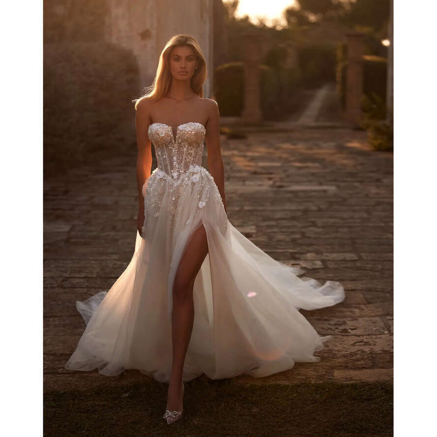 Nova Milla A E Dresses Bridal Gowns Appliqued Sweetheart Split Boho Wedding Dress Illusion Bone Bodice Sweep Train Backless Vestidos De Novia Ppliqued