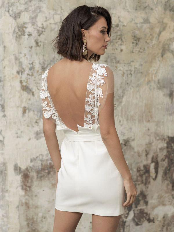 White Ivory Lace Satin Dresses Summer Beach Bohemian Sheath Bridal Sheer Jewel Neck Backless Short Mini Bohemian Wedding Gowns Bc18513 6660311