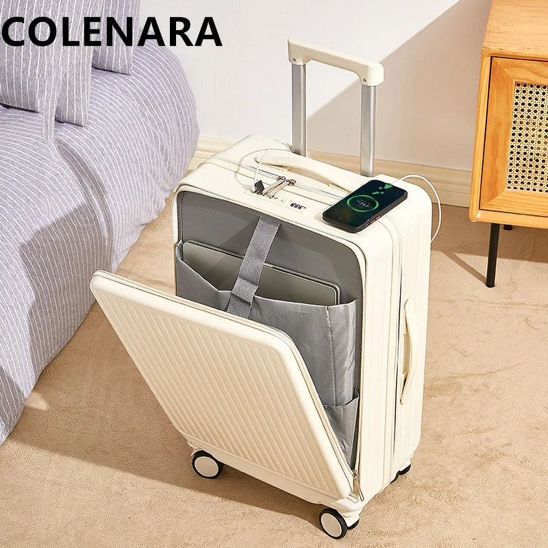 COLENARA 20"22Inch Cabin Suitcase Front Opening USB Charging PC Boarding Case 24"26"28 Inch with Cup Holder Trolley Case Luggage