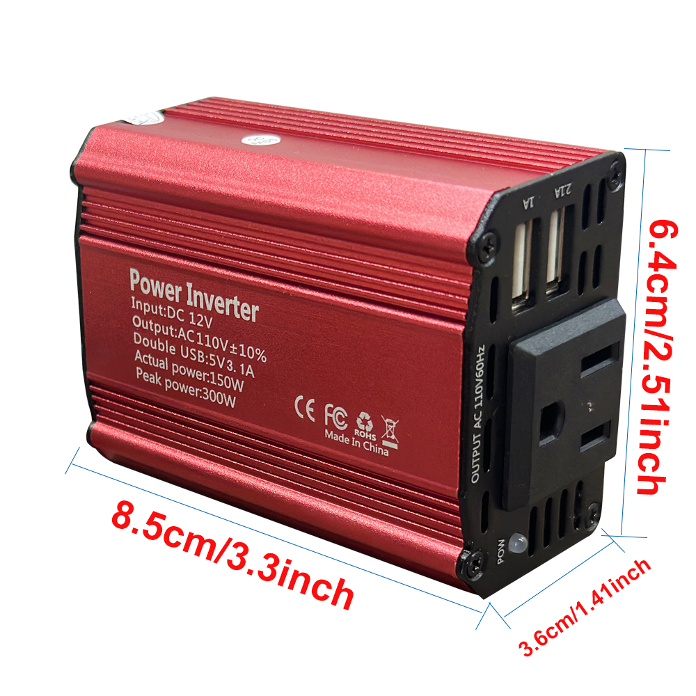 Car Inverter 300W (peak) DC 12V to AC 110V Dual USB Fast Charging Modified Sine Wave US Socket for Outdoor Emergency Electricity