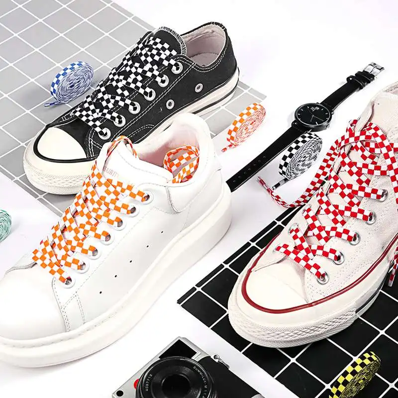 White New Checkered Black Grid Flat Shoelaces Printing Ribbons Shoe Laces Sneaker ddmysmile Man Women Mosaic Shoelaces Laces For Shoes Smile