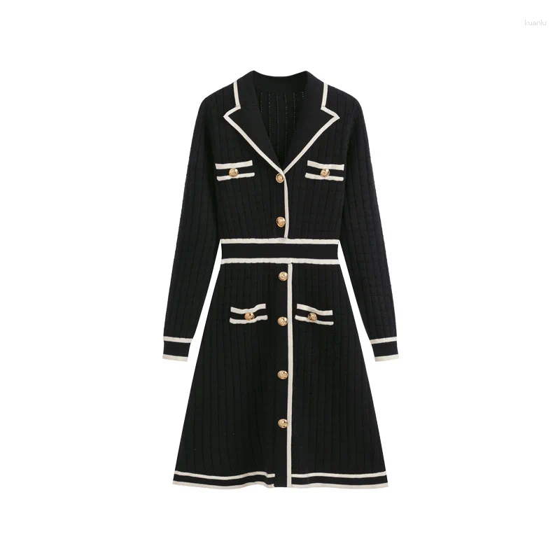 Casual Dresses French Small Fragrance Black Knit Dress Women Basic Elegant Contrast Long Sleeve Suit Collar Beige Female Bottoming
